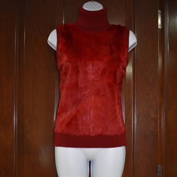 BCBGMaxAzria Red Wool Blend Fur Turtleneck Sweater Vest Sz Small Sleeveless Knit - Picture 13 of 15